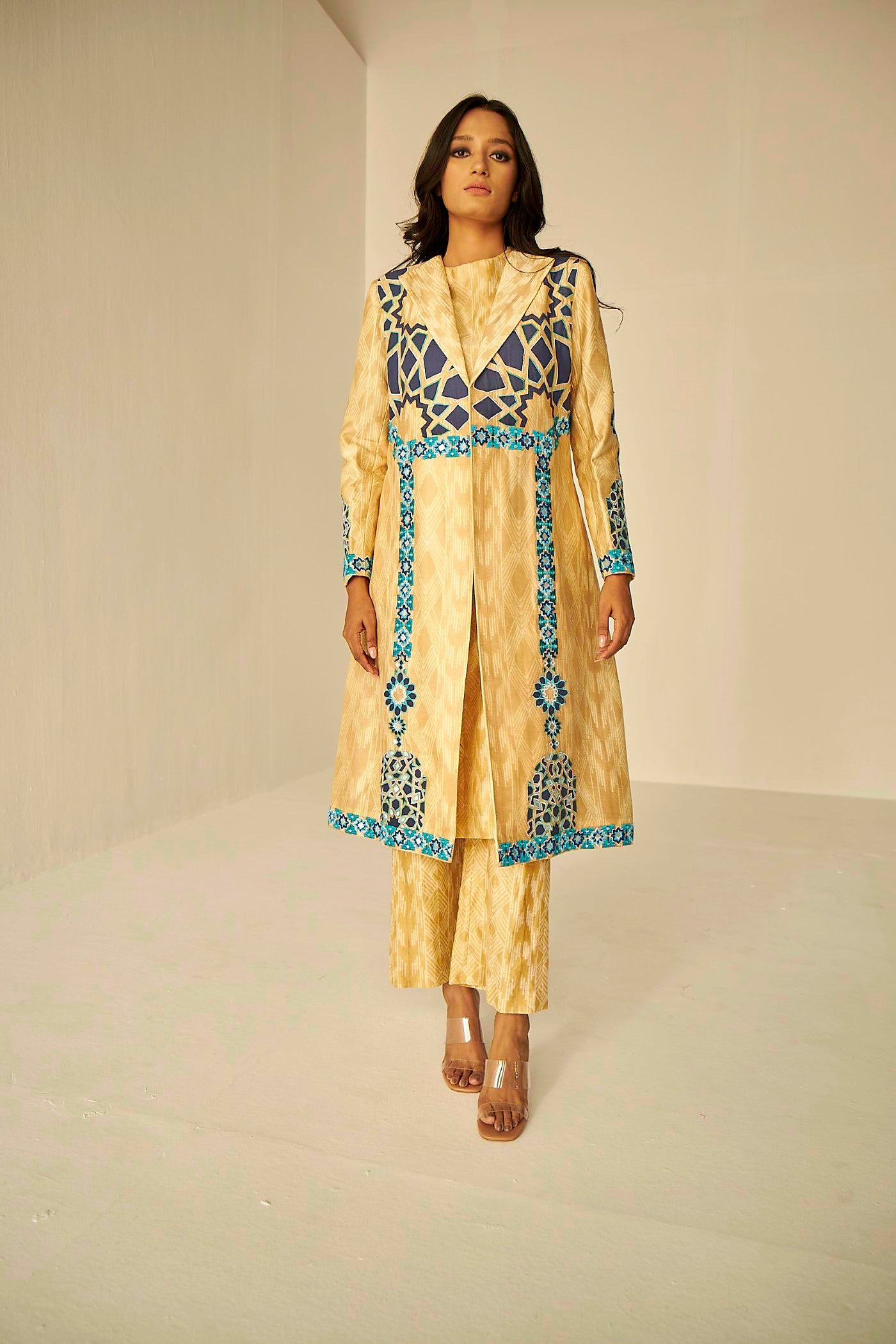 Beige Gold- The Window Trench, Appliqué embroidery and Resham work with mirror depicts the play of light from the windows, BeTrue, Be True