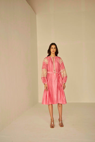 Pink- Embroidered Tapestry Dress, A-line midi dress in unique hand crafted Shibori design with neat Resham and mirror embroidery, BeTrue, Be True