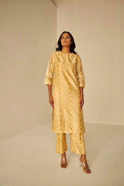 Beige Gold- The Window Trench, Kurta And Pant Set, hand tie and dyed Shibori straight kurta and pant set., BeTrue, Be True