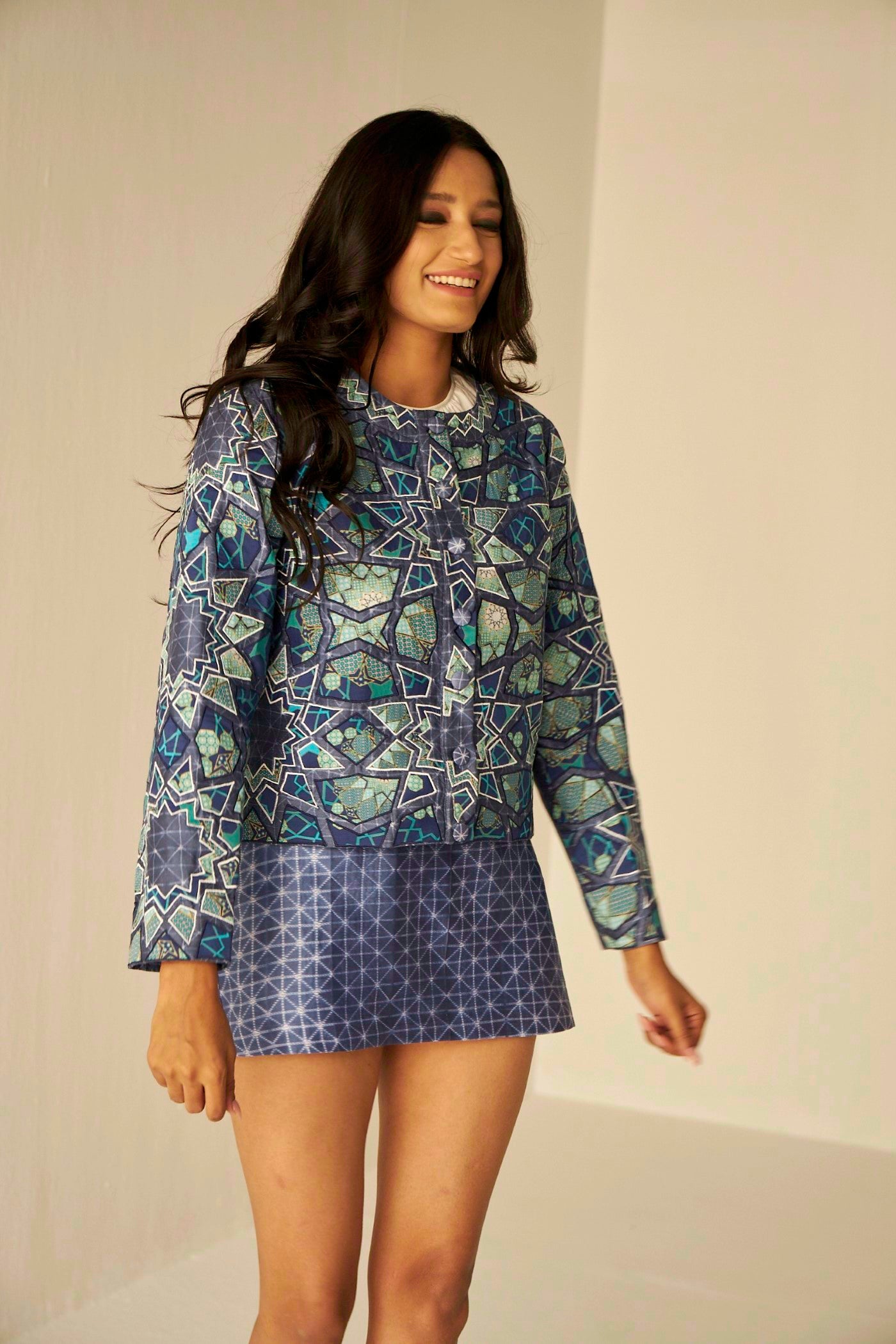 Blue- Short Appliqué Embroidered Shibori Jacket, Short Skirt And White Gathered Blouse Set, BeTrue, Be True