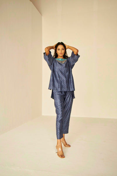 Blue- Samarkand Boat Neck Embroidered Shibori Top And Pants Set, Handmade silk chanderi with Shibori dyeing, neat Resham and mirror embroidery, BeTrue, Be True