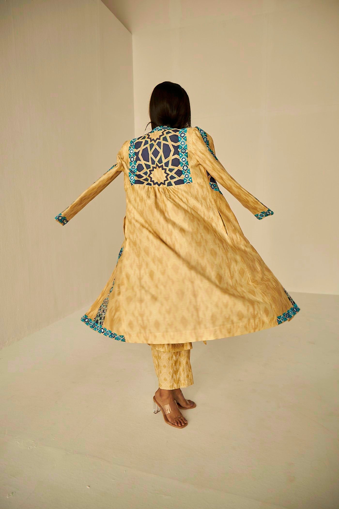 Beige Gold- The Window Trench, Appliqué embroidery and Resham work with mirror depicts the play of light from the windows, BeTrue, Be True