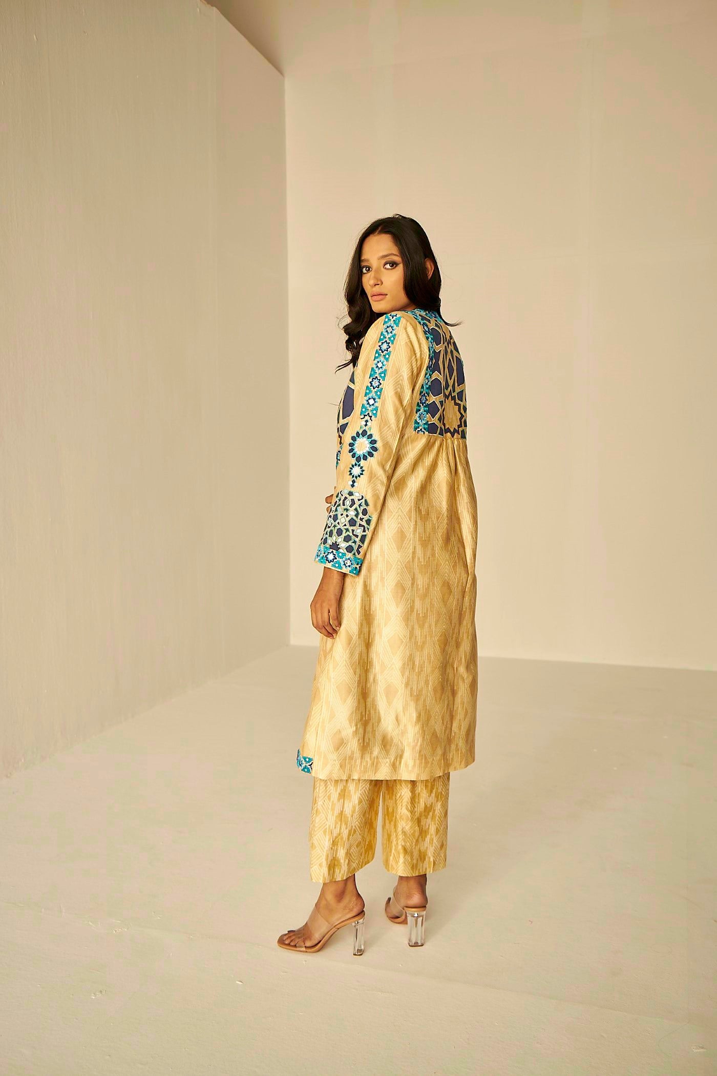 Beige Gold- The Window Trench, Kurta And Pant Set, hand tie and dyed Shibori straight kurta and pant set., BeTrue, Be True