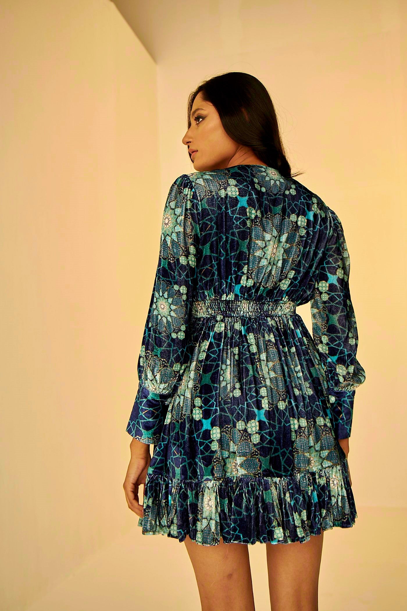 Blue- Tashkent Velvet Short Dress, exclsuive print created in house, inspired by the architecture of Uzbekistan, BeTrue, Be True