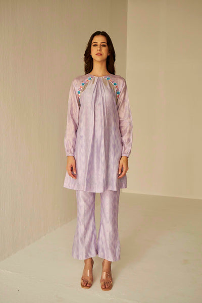 Lilac-Raglan Sleeve Embroidered Shibori Shirt And Pants Set, aesthetic and looks amazing on all body shapes, BeTrue, Be True