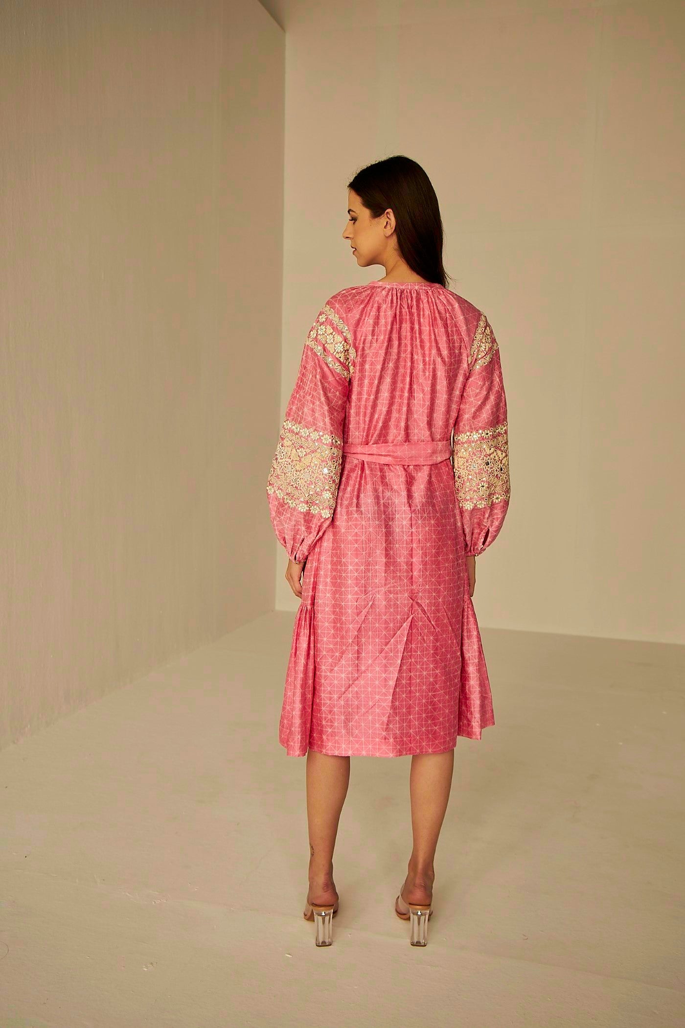 Pink- Embroidered Tapestry Dress, A-line midi dress in unique hand crafted Shibori design with neat Resham and mirror embroidery, BeTrue, Be True