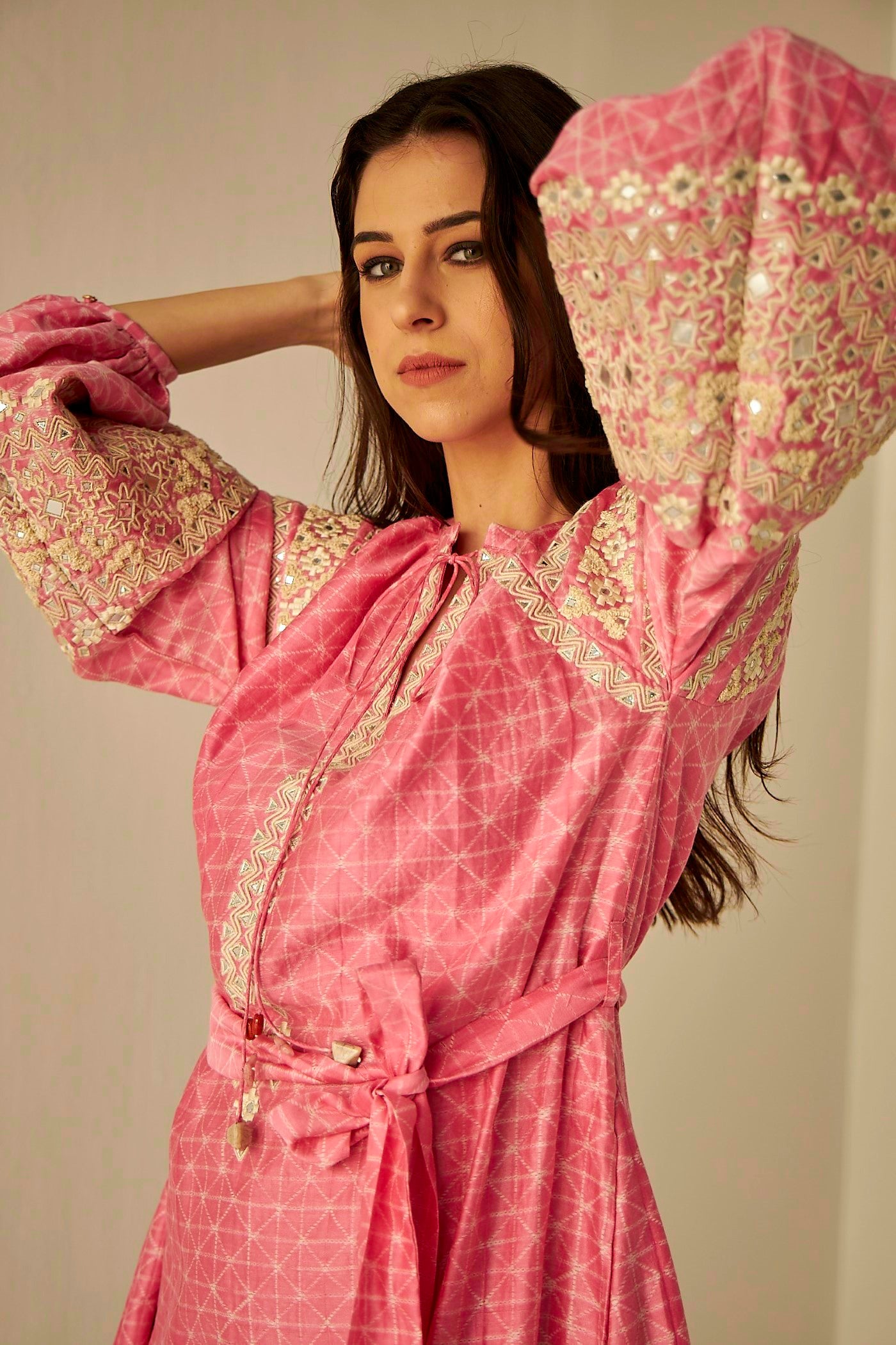 Pink- Embroidered Tapestry Dress, A-line midi dress in unique hand crafted Shibori design with neat Resham and mirror embroidery, BeTrue, Be True