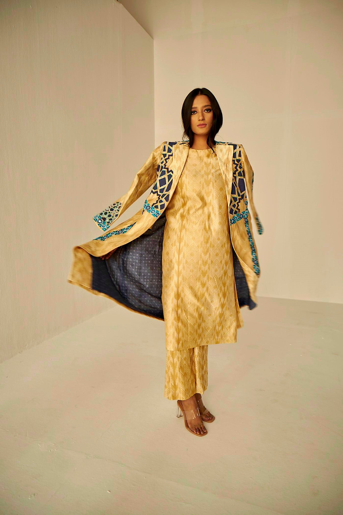 Beige Gold- The Window Trench, Kurta And Pant Set, hand tie and dyed Shibori straight kurta and pant set., BeTrue, Be True