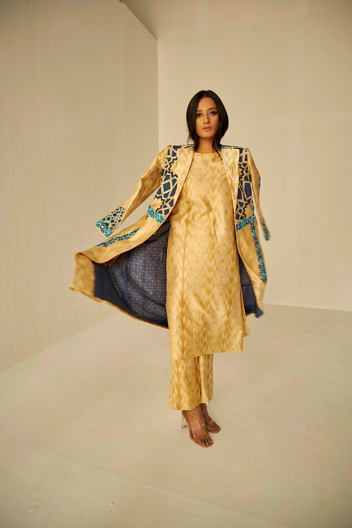 Beige Gold- The Window Trench, Kurta And Pant Set, hand tie and dyed Shibori straight kurta and pant set., BeTrue, Be True