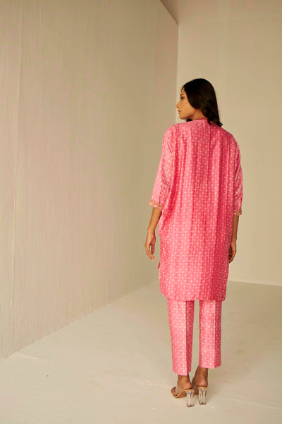 Pink-Bat Sleeves Embroidered Shibori Shirt And Pant Set, BeTrue, Be True