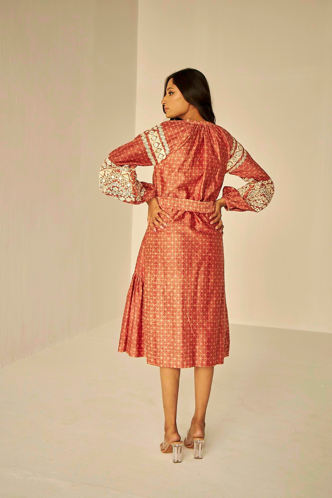 Rust- Embroidered Tapestry Dress, A-line midi dress in unique hand crafted Shibori design, Resham and mirror embroidery, BeTrue, Be True