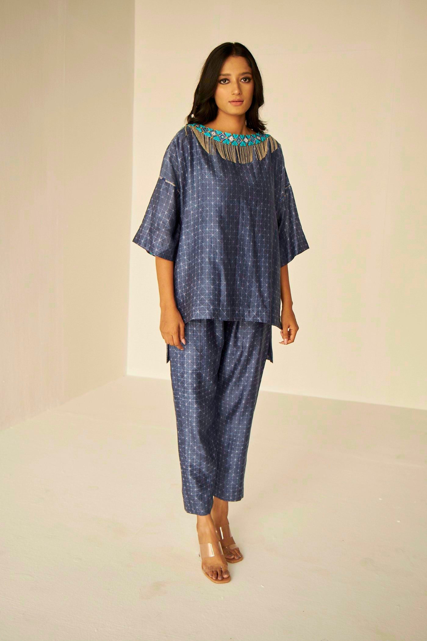 Blue- Samarkand Boat Neck Embroidered Shibori Top And Pants Set, Handmade silk chanderi with Shibori dyeing, neat Resham and mirror embroidery, BeTrue, Be True