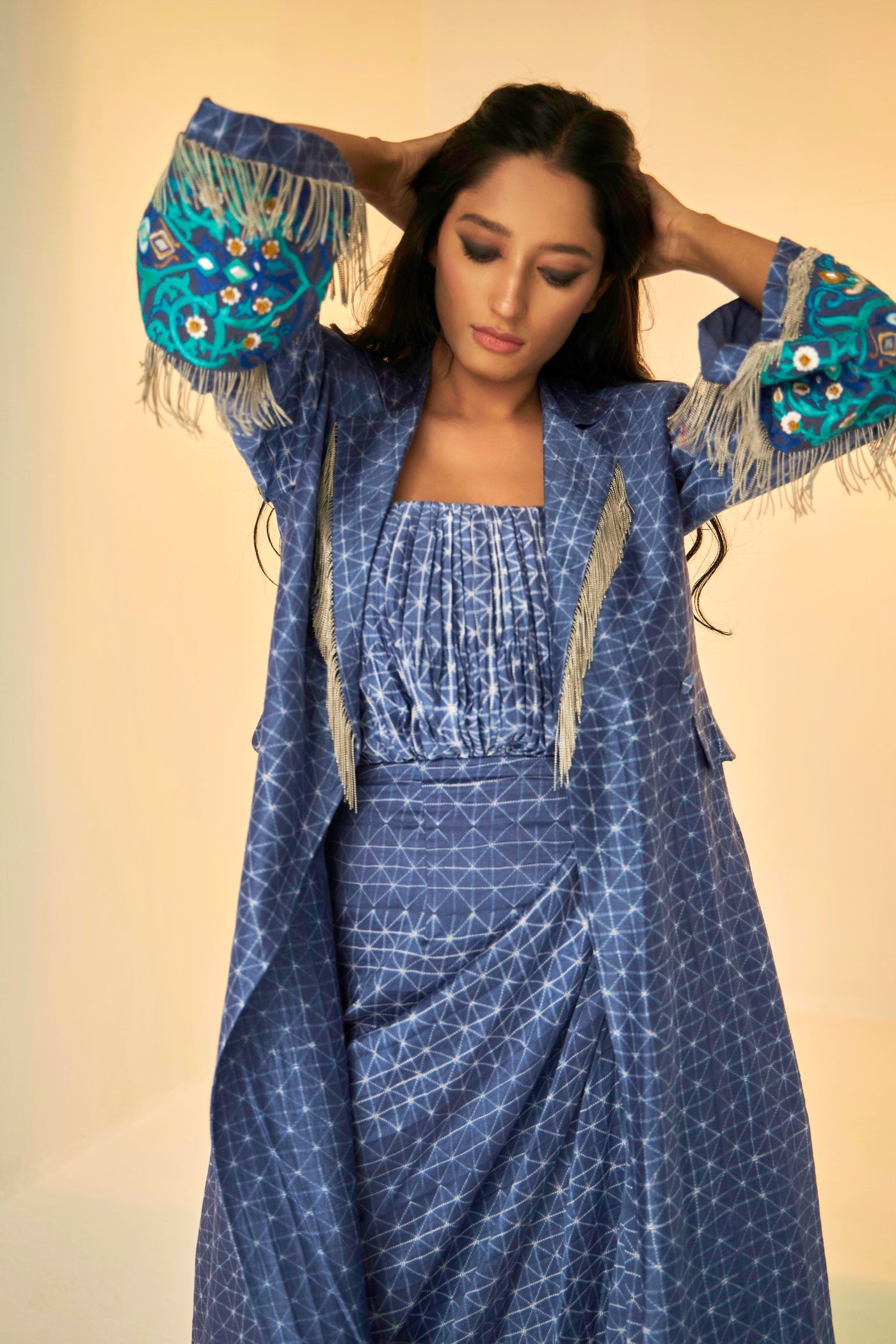 Blue-The Rehmat Trench, jacket with its beautiful chain detail in the front and embroidery, BeTrue, Be True