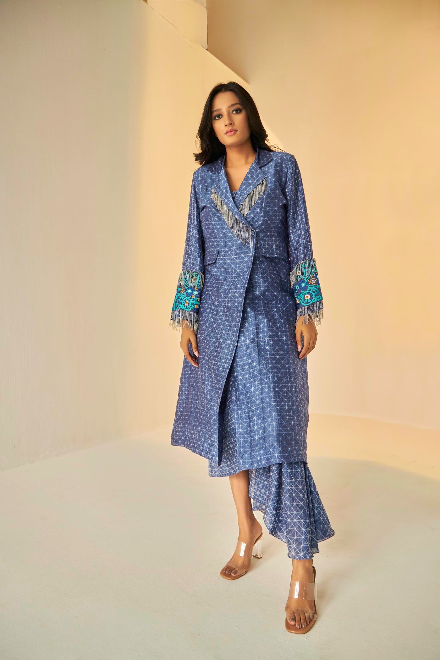 Blue-The Rehmat Trench, jacket with its beautiful chain detail in the front and embroidery, BeTrue, Be True