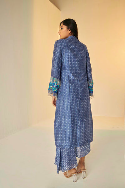 Blue-The Rehmat Trench, jacket with its beautiful chain detail in the front and embroidery, BeTrue, Be True