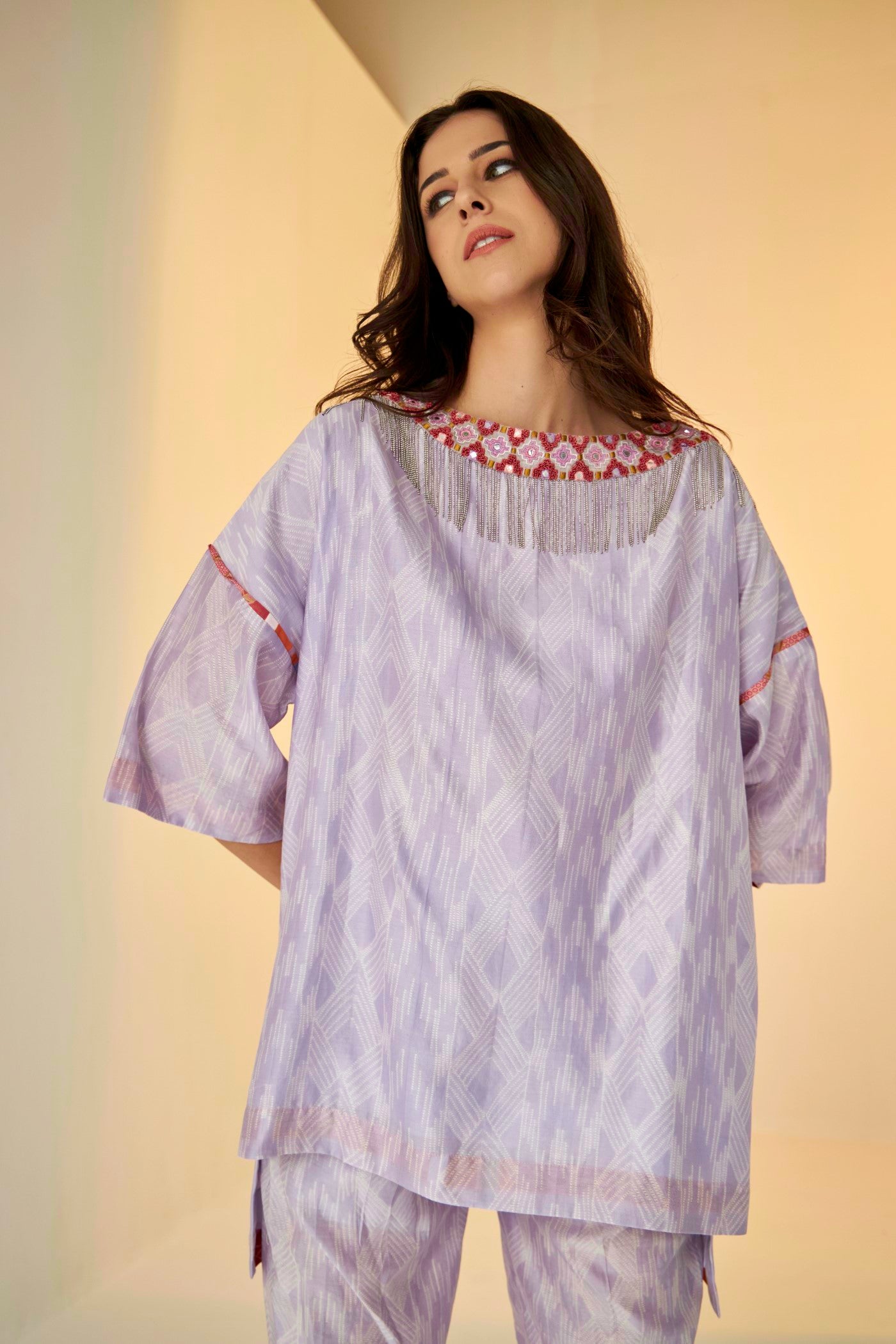 Lilac- Samarkand Boat Neck Embroidered Shibori Top And Pants Set, Handmade silk chanderi with Shibori dyeing, neat Resham and mirror embroidery, BeTrue, Be True