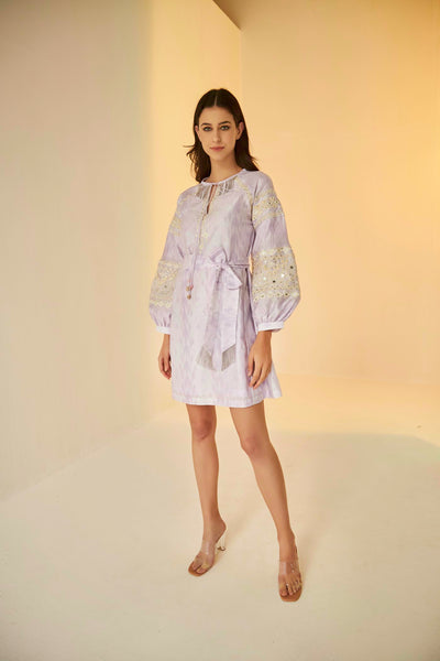 Lilac- Shibori Short And Flare Dress, beautiful Resham and mirror work embroidery, BeTrue, Be True