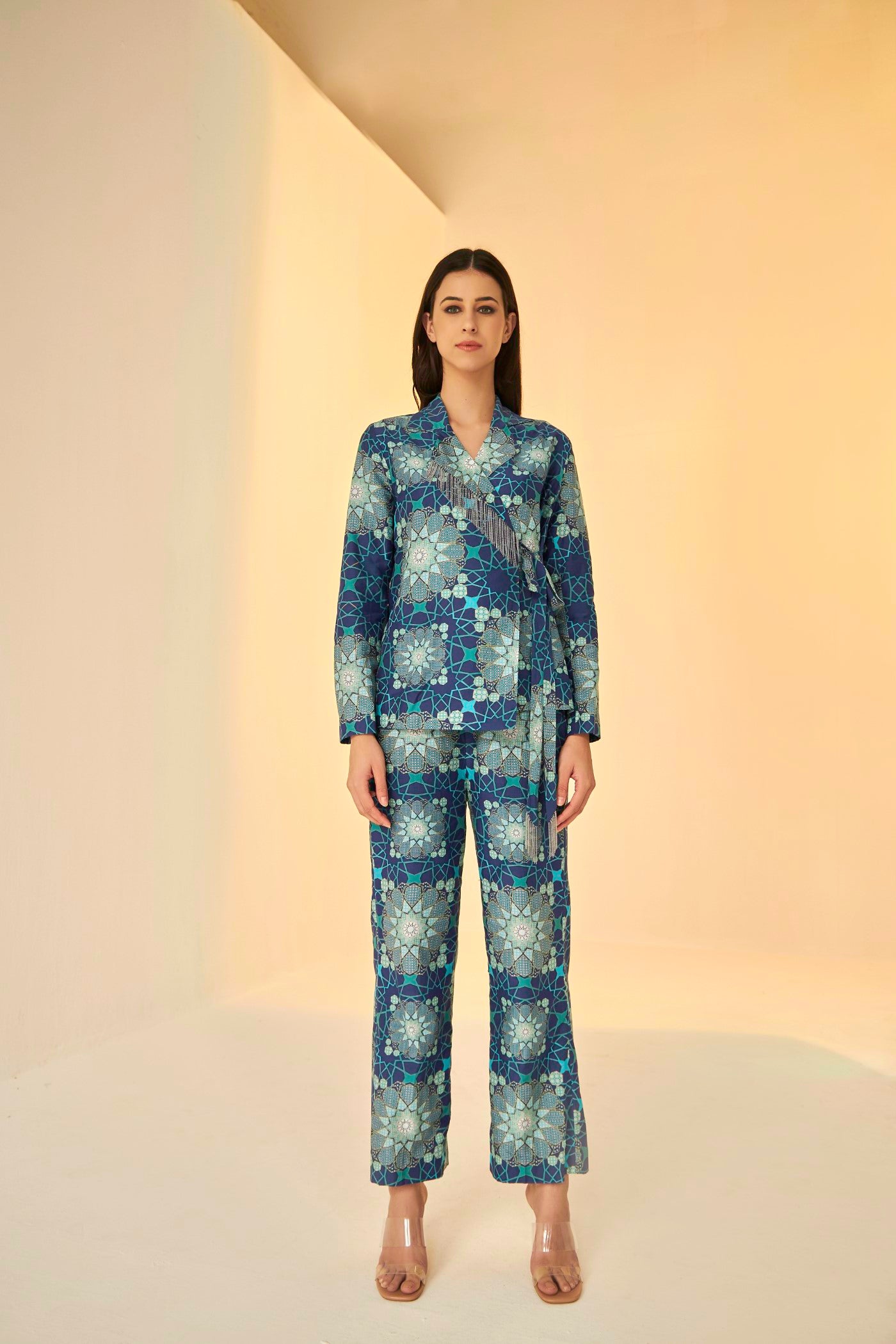 Blue-Wrap Jacket And Pants Set In Tashkent Print, exclsive in house created print inspired by the architecture of Uzbekistan, BeTrue, Be True