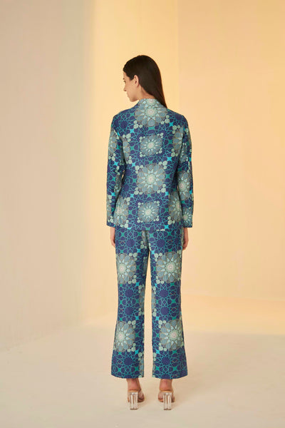 Blue-Wrap Jacket And Pants Set In Tashkent Print, exclsive in house created print inspired by the architecture of Uzbekistan, BeTrue, Be True