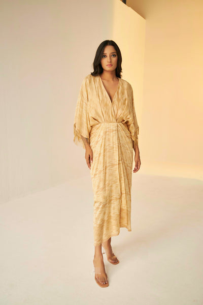 Beige Golden- Shibori Beige Drape Dress, BeTrue, Be True