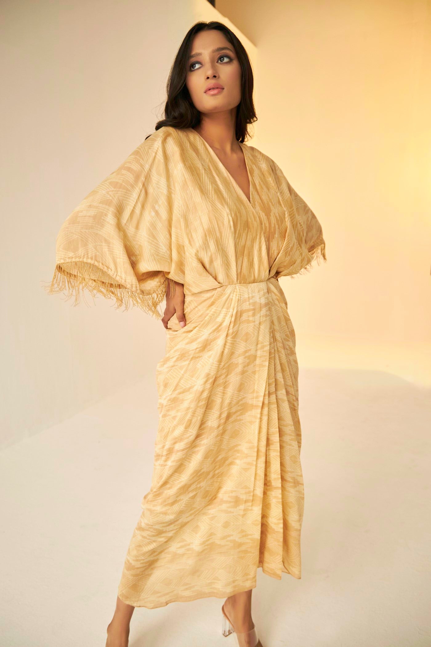 Beige Golden- Shibori Beige Drape Dress, BeTrue, Be True