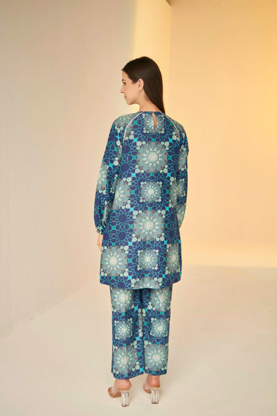 Blue- Raglan Sleeve Tashkent Print Shirt And Pants Set, BeTrue, Be True