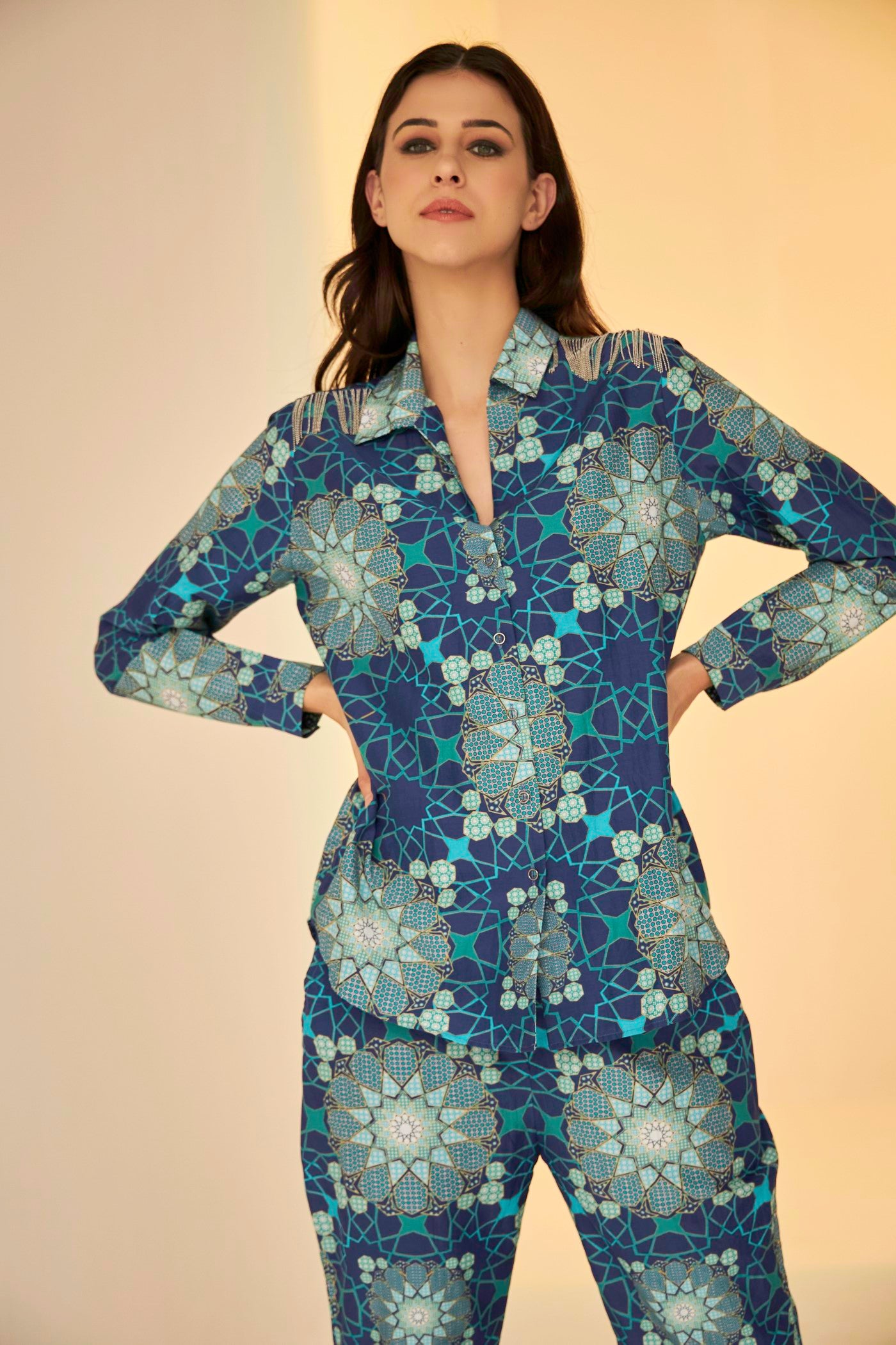 Blue- Bliss Tashkent Print Shirt And Pant Set, exclsive in house created print inspired by the architecture of Uzbekistan, BeTrue, Be True