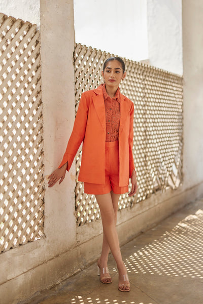 Rust Peony Linen Jacket And Linen Shorts, Rust Peony Linen Shorts, Rust Peony Linen Jacket, Rust Crochet Shirt, BeTrue, Be True