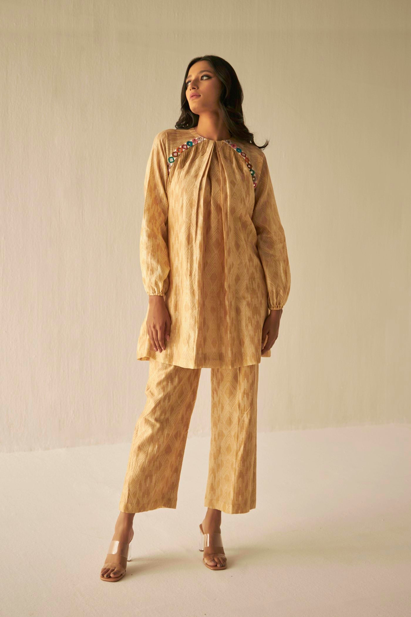 Beige-Raglan Sleeve Embroidered Shibori Shirt And Pants Set, BeTrue, Be True