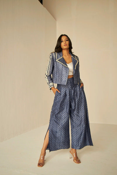 Embroidered Blue biker jacket in Shibori with Palazzo pants, Fitted jacket, BeTrue, Be True