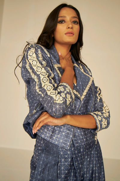 Embroidered Blue biker jacket in Shibori with Palazzo pants, Fitted jacket, BeTrue, Be True