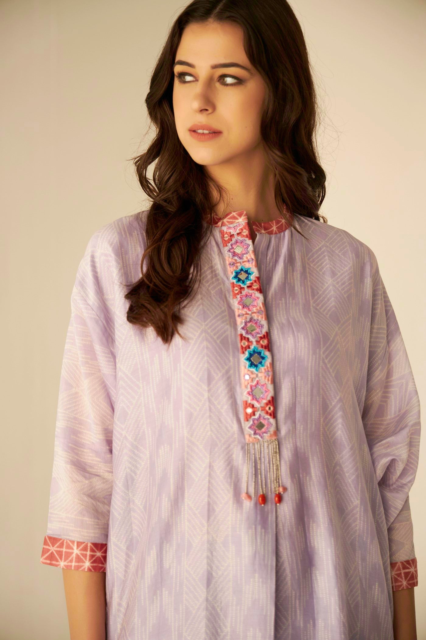 Lilac-Bat Sleeves Embroidered Shibori Shirt And Pant Set, aesthetic and looks amazing on all body shapes, BeTrue, Be True