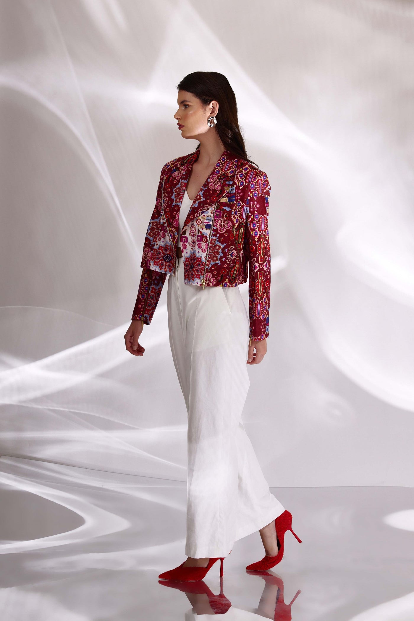 Kashan White And Red Print Hand Embroidered Biker Jacket In  Handloom Organic Cotton And Banana Silk, BeTrue, Be True