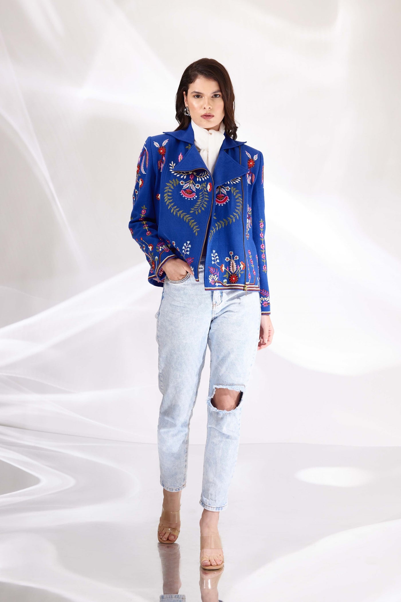 Royal Blue Embroidered Relaxed Biker in Handloom Herringbone Cotton, BeTrue, Be True