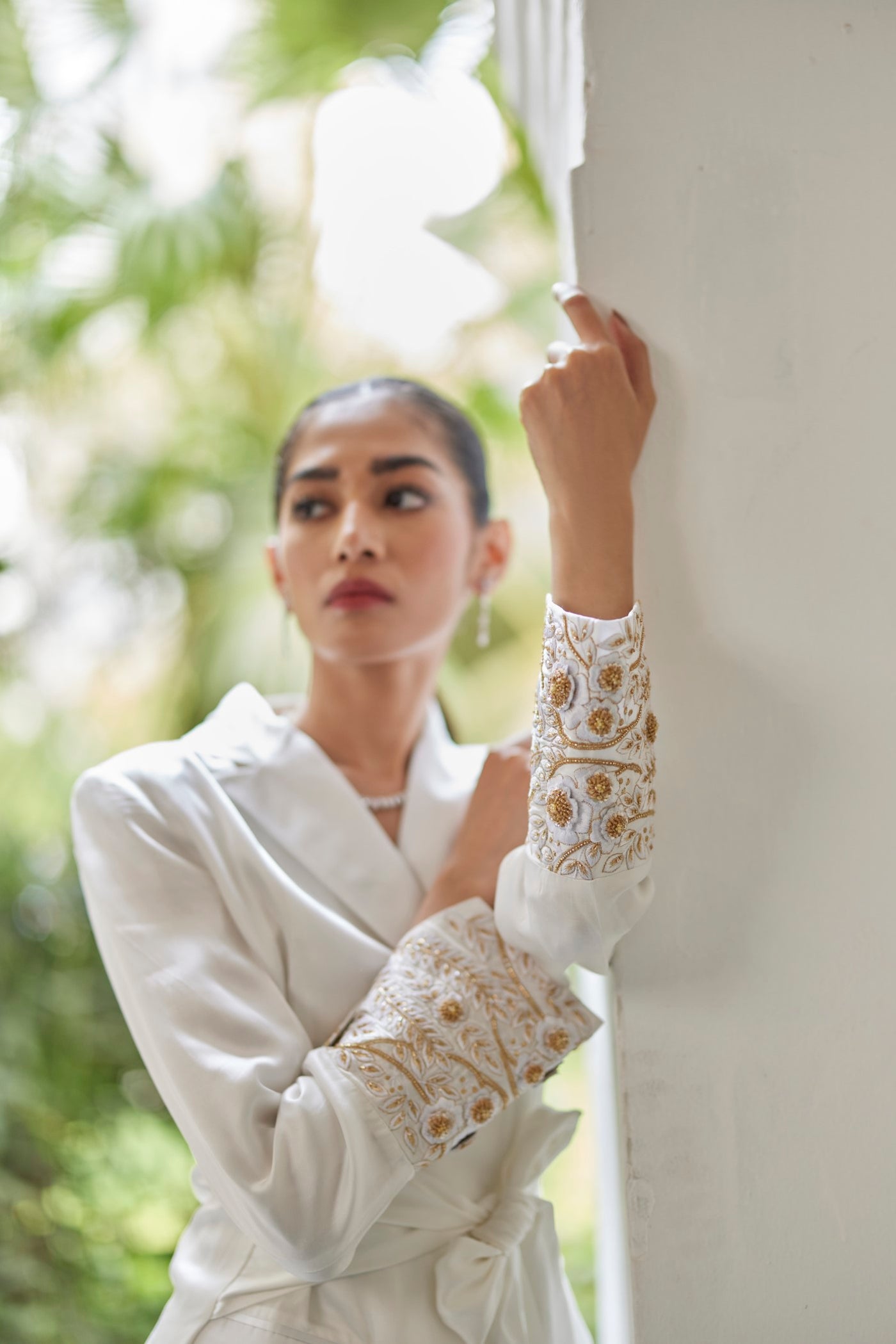 White Camellia Silk Wrap Jacket And Drape Skirt, White Camellia Silk Drape Skirt, Wrap style, Embroidery on cuffs with Resham and sequins, BeTrue, Be True