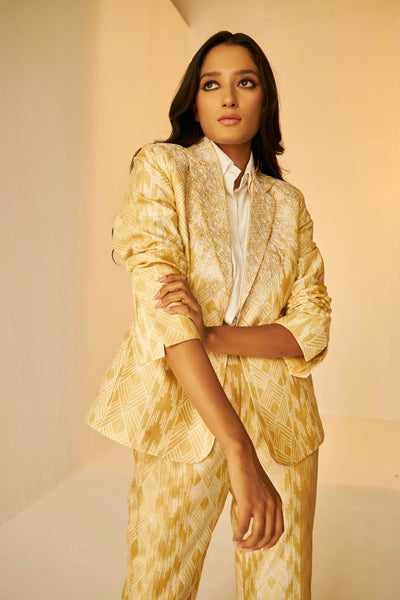 Beige Golden- Classic Blazer And Pants Set In Golden Shibori, a regular fit blazer with delicate Resham embroidery suitable for all ages and sizes, BeTrue, Be True